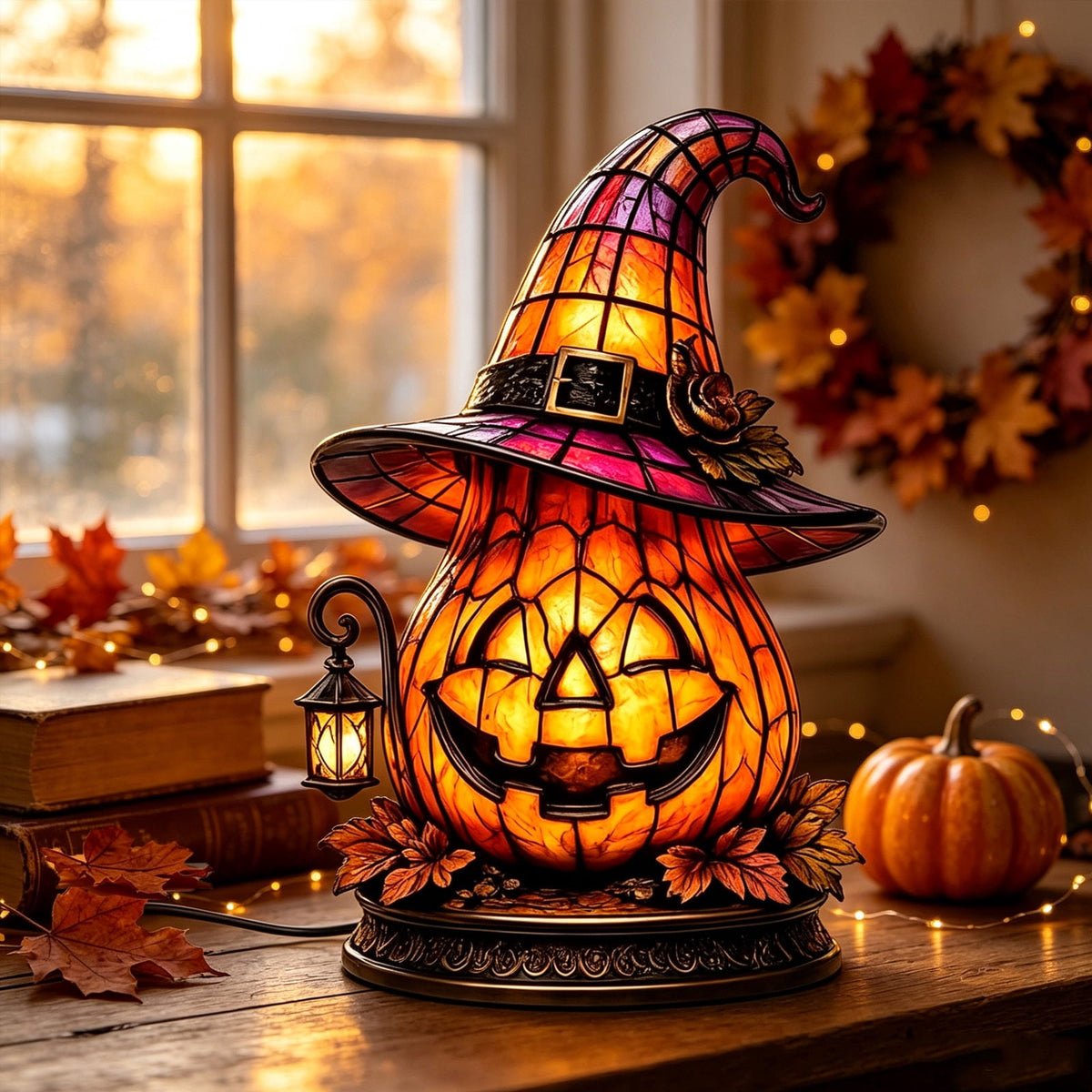 Halloween Lighted Witch Cauldron Decor Lamp, Stained Glass Witch Hat Magic Pot Night Light with Pumpkin & Potion Bottle Details, Spooky Vintage Tabletop Ornament for Mantel Living Room Party