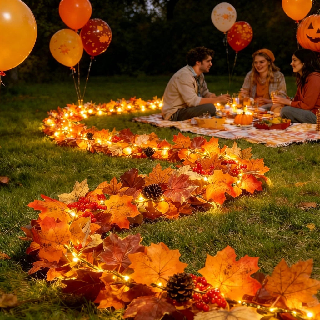 Fall Decorations for Home, 71 inch Fall Garland with Lights, Glowing Artificial Maple Leaves Home Decor Thanksgiving and Halloween, Bright colors