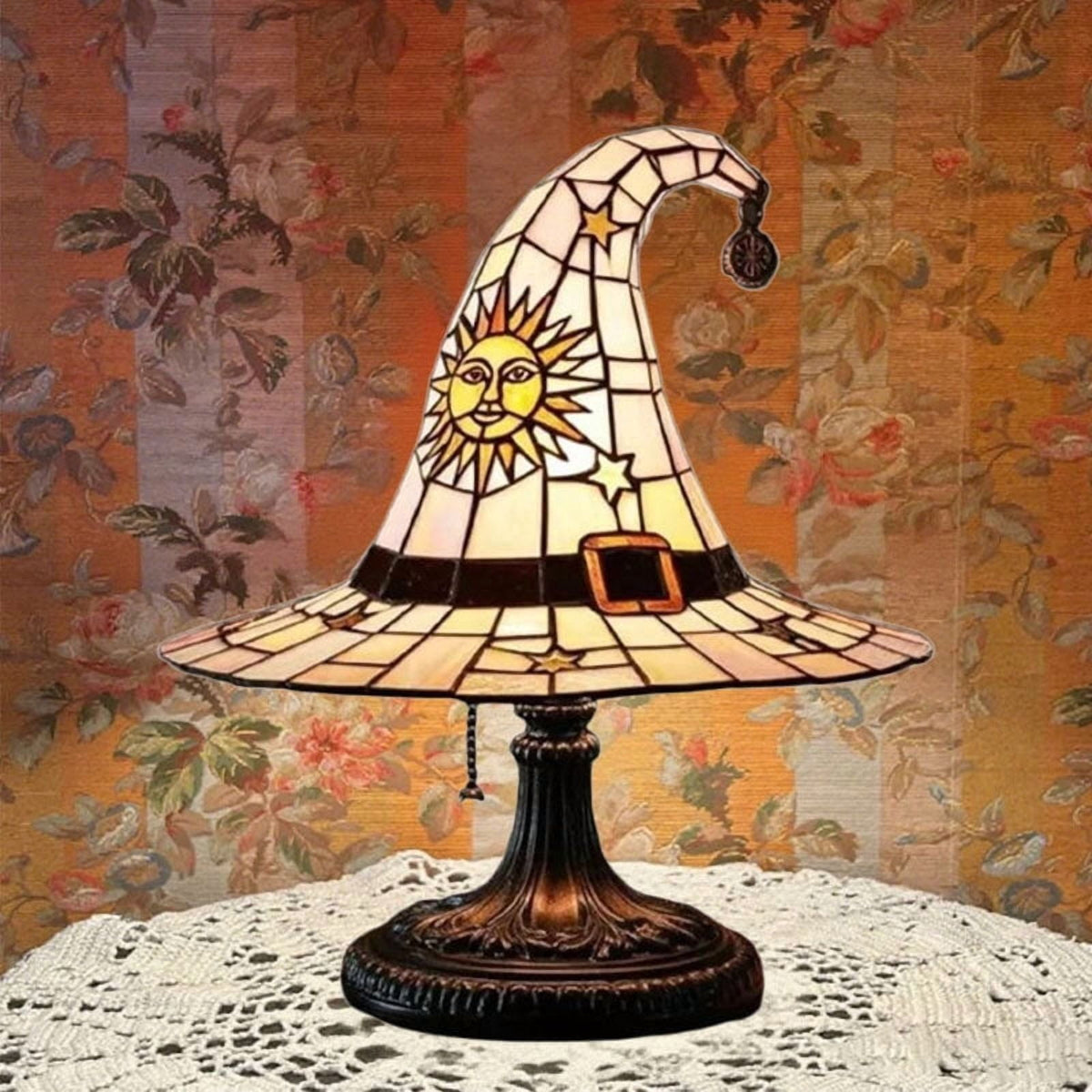 Stained Glass Witch hat lamp, 7" Halloween Gothic Mystic Room Decor Handcrafted Ceramic Phantom Figurine, USB Rechargeable LED Glowing Lantern for Bedroom Living Room Mantel Home Decor