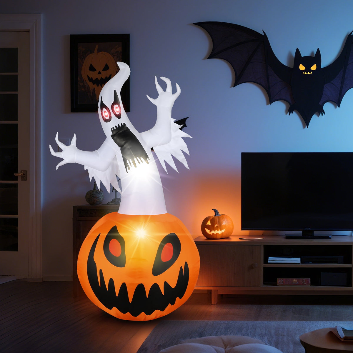 MAGOTAN 8 ft Halloween Inflatable Pumpkin Halloween Inflatable Pumpkins Ghost Tombstone Outdoor Yard Decoration Build-in 7 LED White Lights