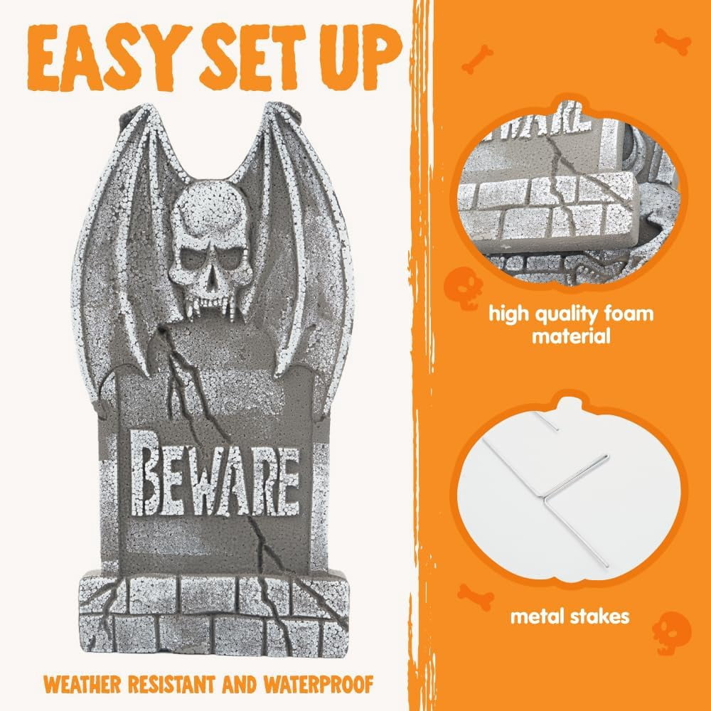 Joyfy 5 Pack Halloween Tombstone Outdoor Decorations,17 Inch Foam RIP Cemetery Headstone Decoration and 12 Halloween Yard Lawn Decoration Metal Stakes