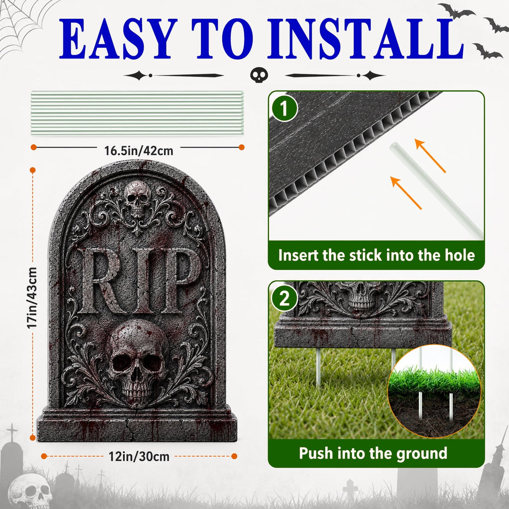 Yalumo Halloween Tombstones Decor, 6 Pack 17 Inch Plastic Halloween Gravestone Yard Signs with Stakes, Spooky Tombstones for Yard, Lawn, Porch & Outdoor Party Decor