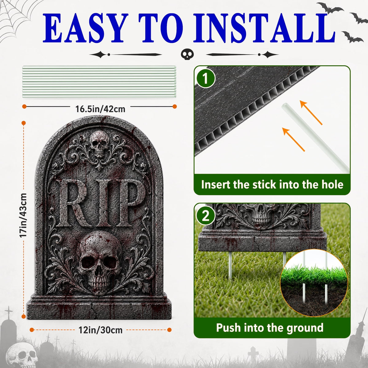 Yalumo Halloween Tombstones Decor, 6 Pack 17 Inch Plastic Halloween Gravestone Yard Signs with Stakes, Spooky Tombstones for Yard, Lawn, Porch & Outdoor Party Decor