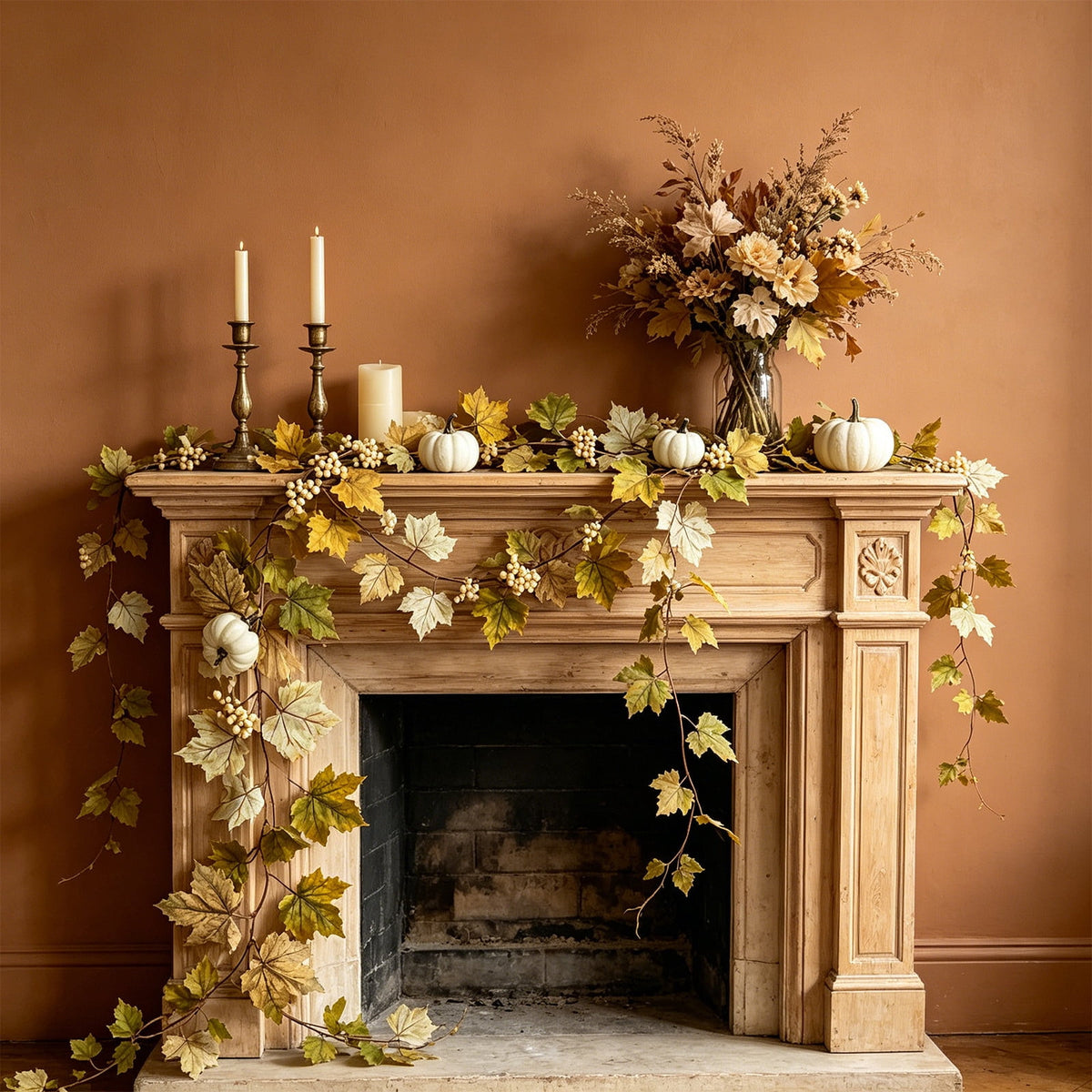 Chmadoxn 78.74" Halloween Thanksgiving Maple Leaf Garland with Mini Pumpkins & Berries, Artificial Fall Leaves Vine for Mantel Staircase Porch, Autumn Harvest Hanging Home Decor