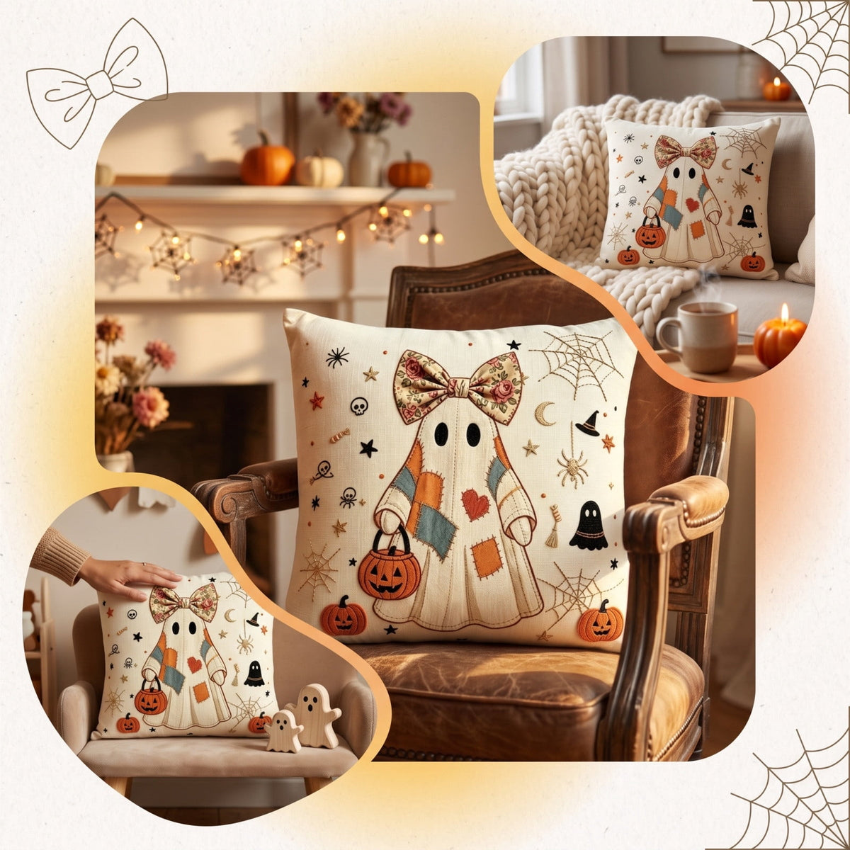 Cute Reading Ghost Plush Throw Pillow, Halloween Book & Pumpkin Bucket Ghost Stuffed Cushion, Spooky Season Decorative Pillow, for Sofa, Bedroom, Party Decor