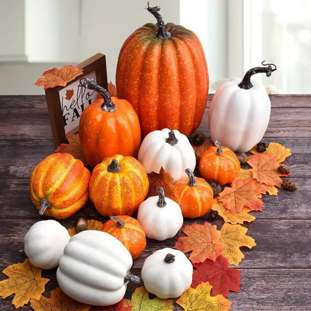 7 Pc Artificial Pumpkin Set Fall Halloween Decor, Rustic Harvest Thanksgiving Table Centerpiece for Home Farmhouse Kitchen Display