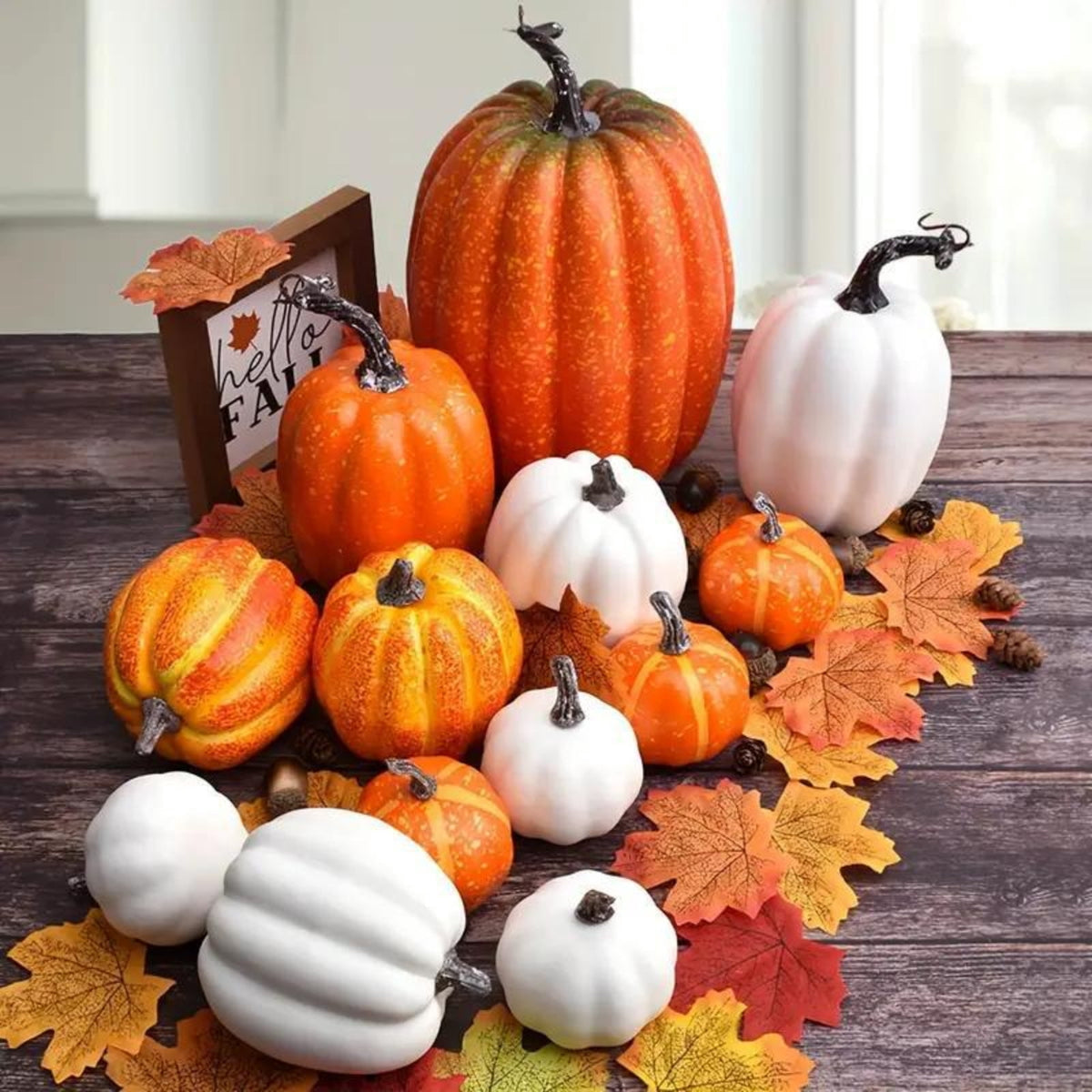 7 Pc Artificial Pumpkin Set Fall Halloween Decor, Rustic Harvest Thanksgiving Table Centerpiece for Home Farmhouse Kitchen Display