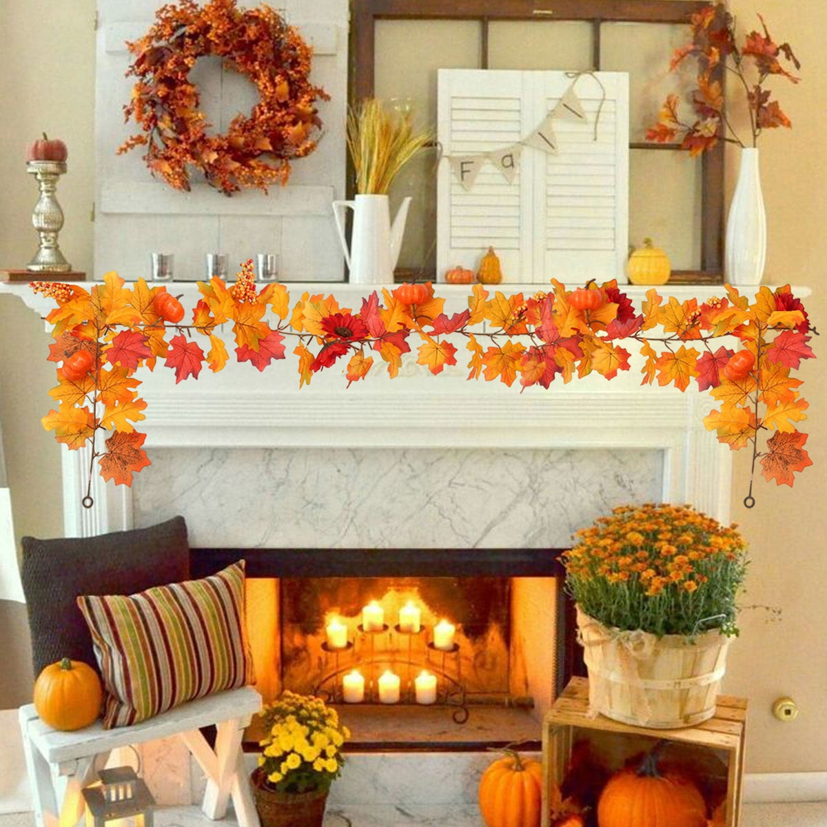 Sruoe Simulation Maple Leaf and Rattan Fall Garland for Holiday Stair Door, Greenery Garland for Garden Home Wall, Fake Plants Wreath Decoration for Thanksgiving Halloween, Orange