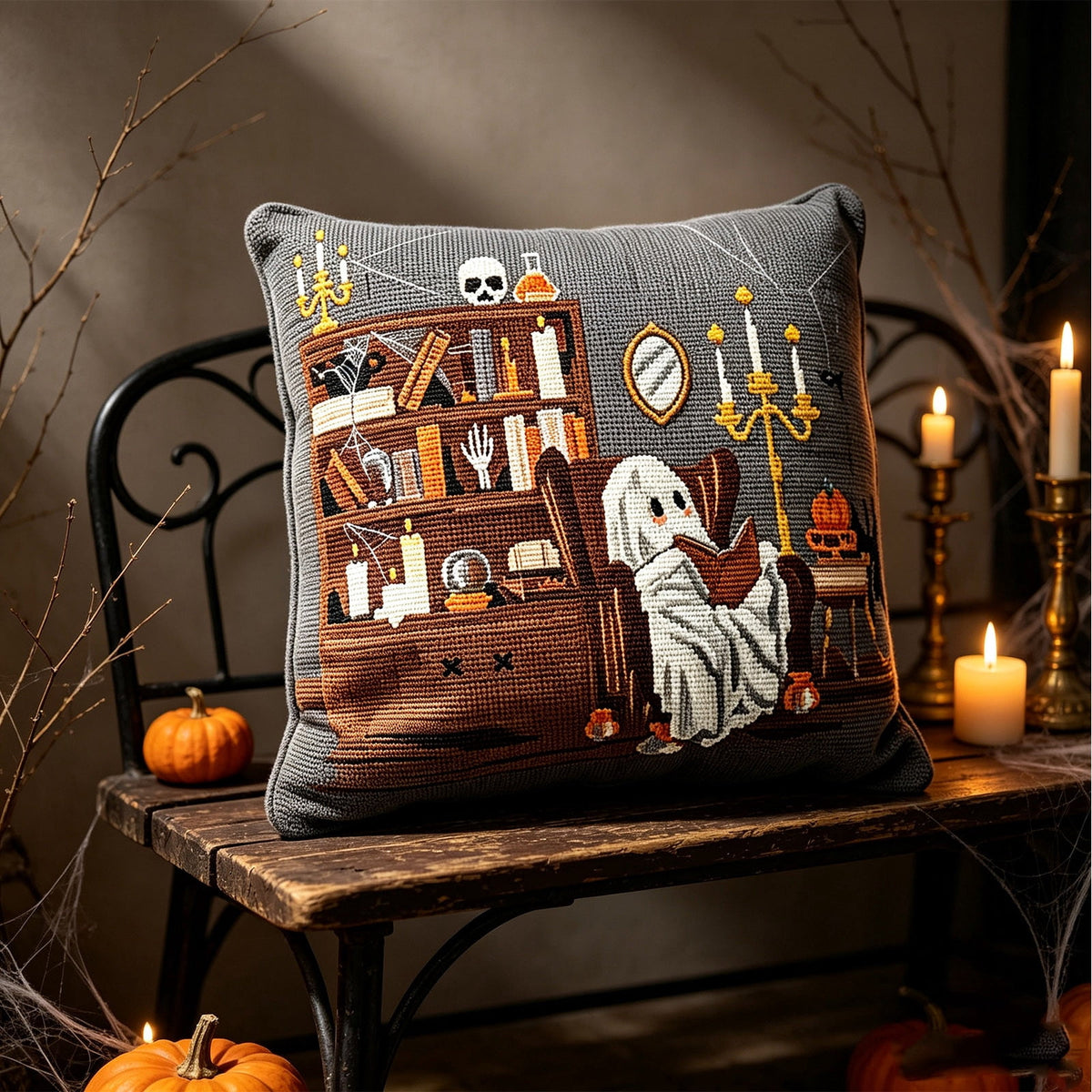 Cute Reading Ghost Plush Throw Pillow, Halloween Book & Pumpkin Bucket Ghost Stuffed Cushion, Spooky Season Decorative Pillow, for Sofa, Bedroom, Party Decor