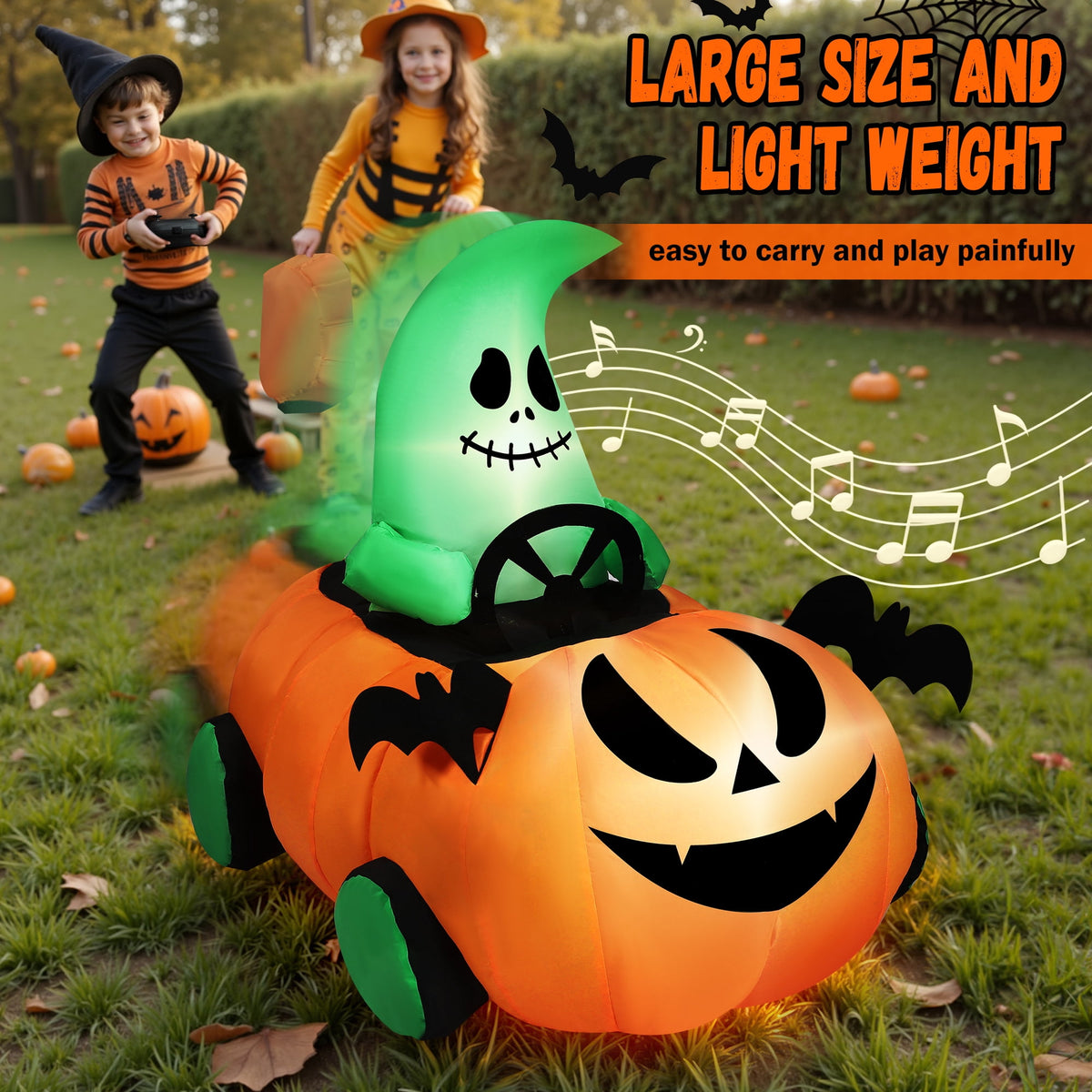 Firstness 2.4GHz Remote Control Halloween Inflatable Car Blow ups Pumpkin Ghost Rc Car,3 Music and LED Lights,360° Rotation,Aged 3+