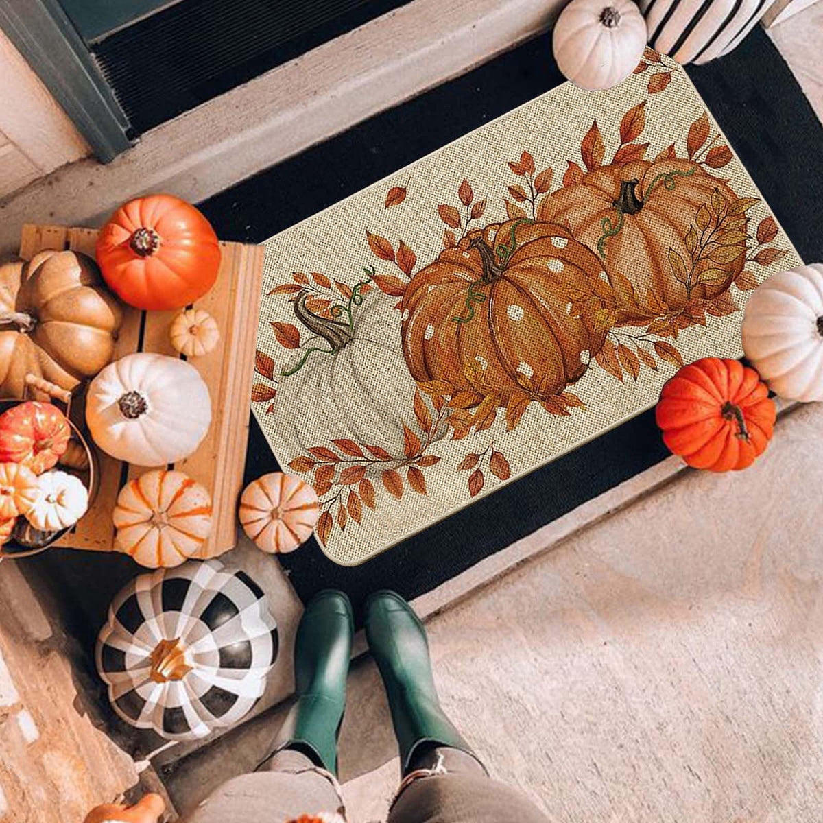 Halloween Door Mat Pumpkin Absorbent Skidproof Mat 23.62x15.35in Polyester Skidproof & Water Absorbent for Front Door Bathroom Kitchen Entryway Halloween Door Mat by MPOISVA