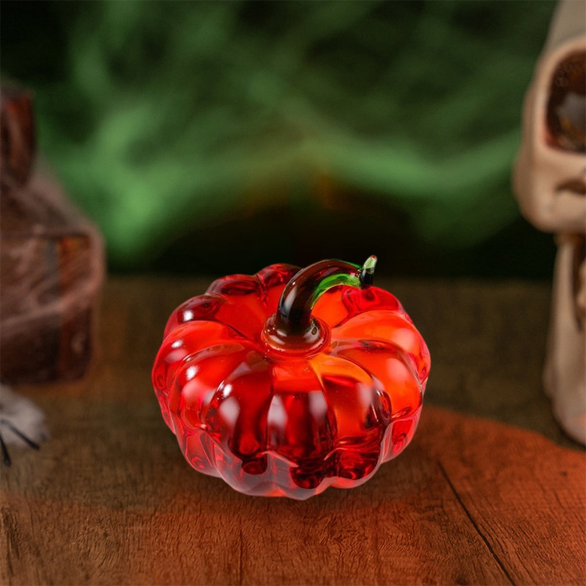 Fall Decor Mini Blue Hand Blown Glass Pumpkin Figurine Transparent Crystal Pumpkin with Green Stem Art Glass Fruit Tabletop Decor for Home Office Shelf Thanksgiving Halloween Gift