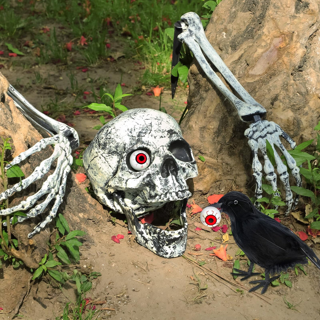 WETRBWEH Halloween Skeleton Stakes with Crow and Red Eyes Garden Halloween Decorations for Lawn Outdoor