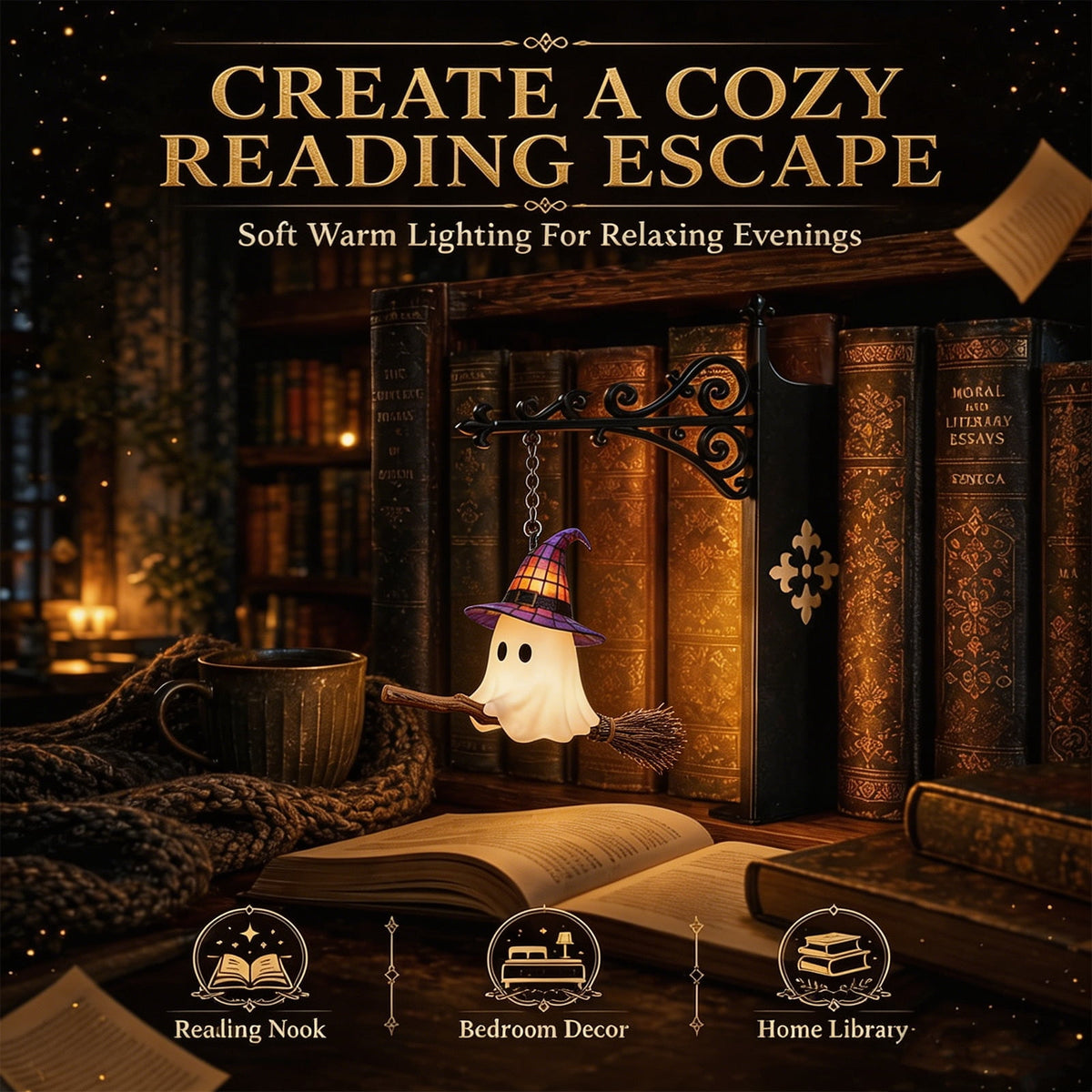 Halloween Ghost Library Lantern Decorative Bookshelf Lighting, Reading Book Shelf Lights for Study Reading Corner Home Library Gift for Book Lovers Bookworms