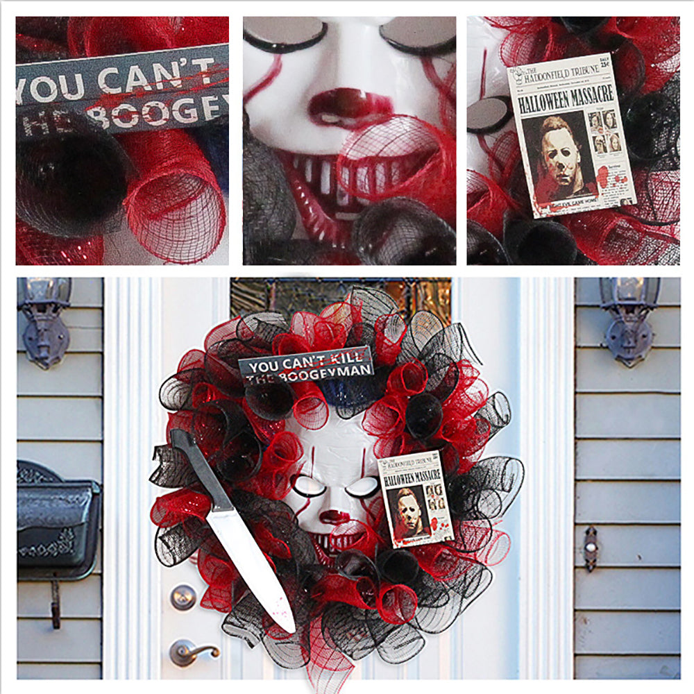 Halloween Red Mesh Mask Wreath, Creative Ghost Festival Party Wreath for Front Door Wall Hanging Haunted House Arrangement Props Festival Celebrations Decoration Holiday Home Decor