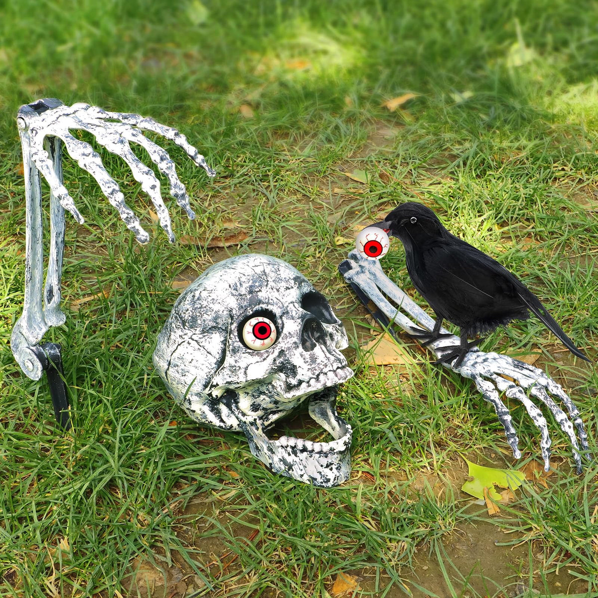 WETRBWEH Halloween Skeleton Stakes with Crow and Red Eyes Garden Halloween Decorations for Lawn Outdoor