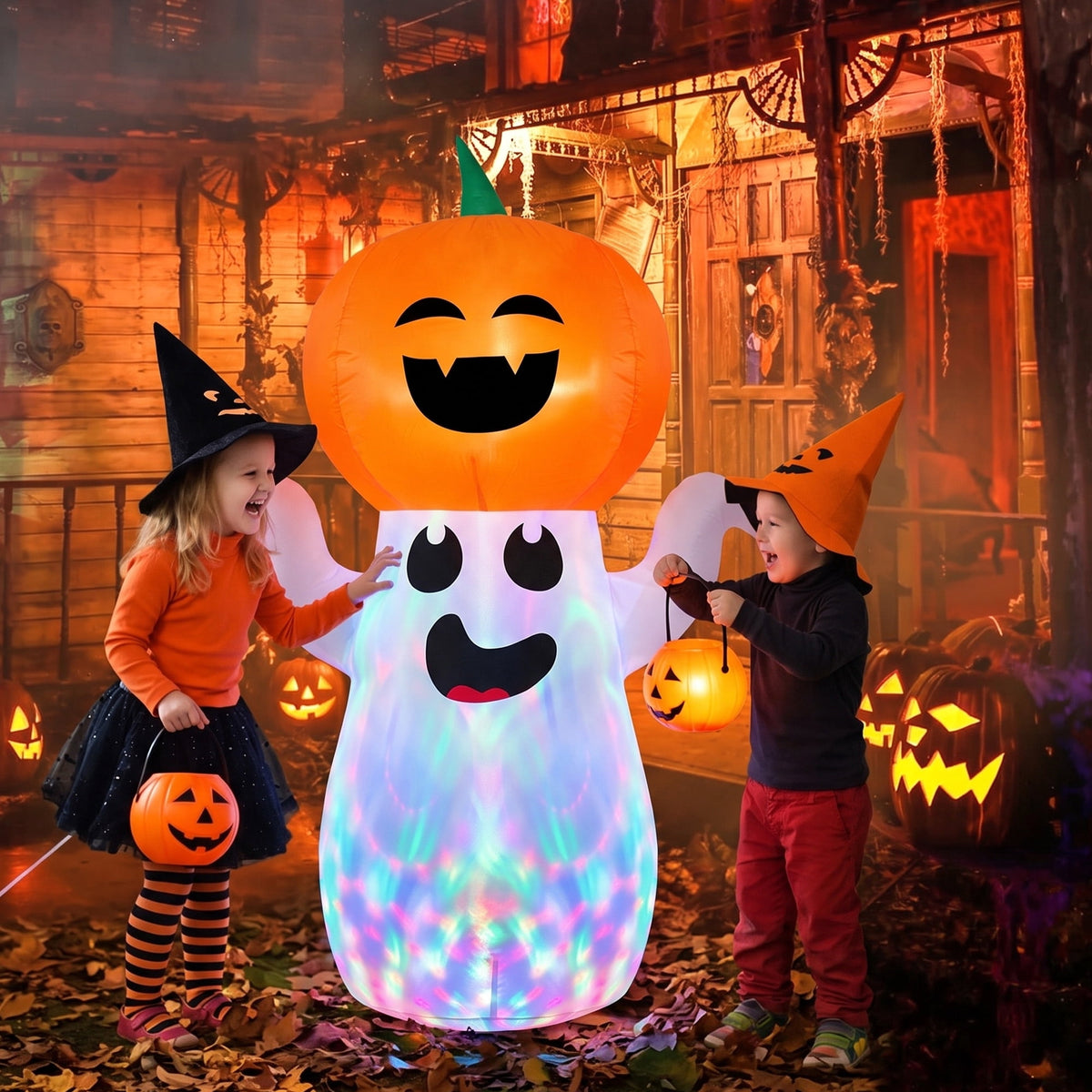 GVDV 5Ft Halloween Inflatables Pumpkin Ghost Decorations with 360° Rotating Colorful LED Lights, Halloween Blow Ups Indoor/Outdoor Decor for Party, Yard, Lawn
