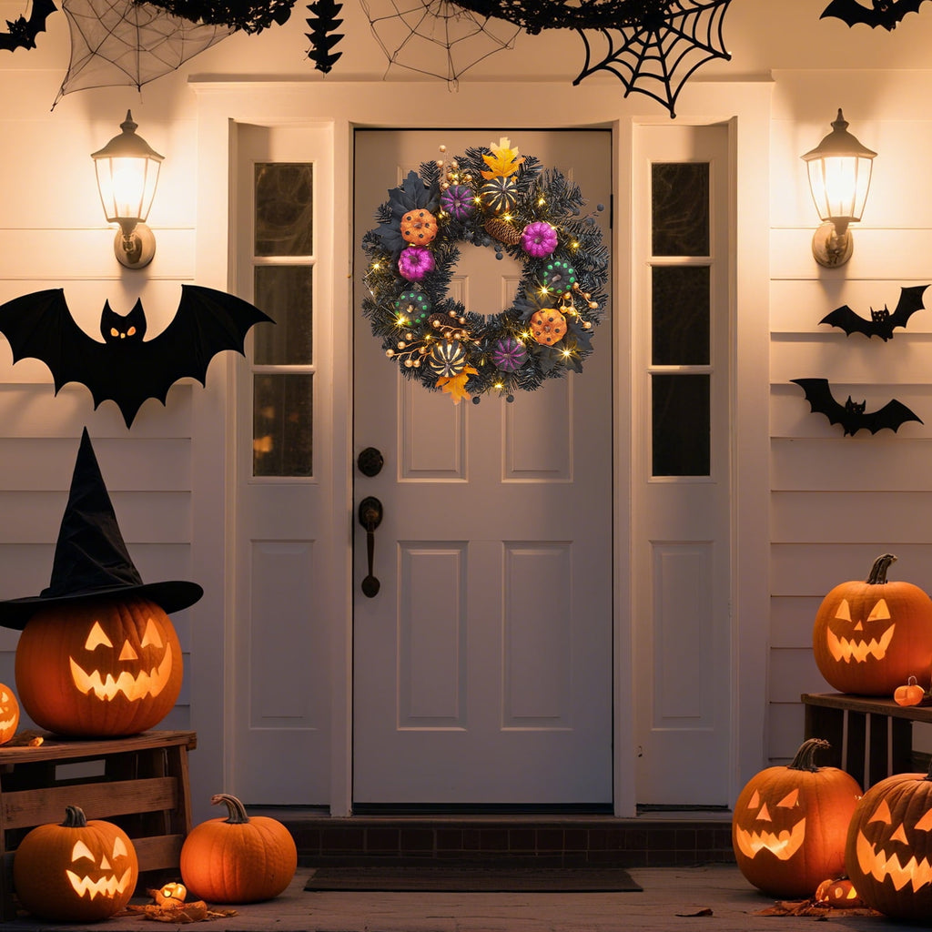 Halloween Wreath, Halloween Decorations Prelit Front Door Wreath for Indoor Wall Window Decor（18/20/22 Inch）