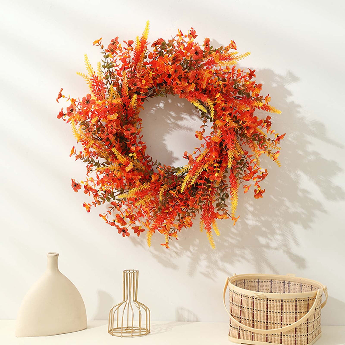 AUHomi Artificial Cedar Cypress Garland, Christmas Wreath 17.7-Inch, Front Door Wreaths, All Season Artificial Fir Wreath, Wall Hanging Wedding Window Home Porch Wreath Decoration (Yellow)