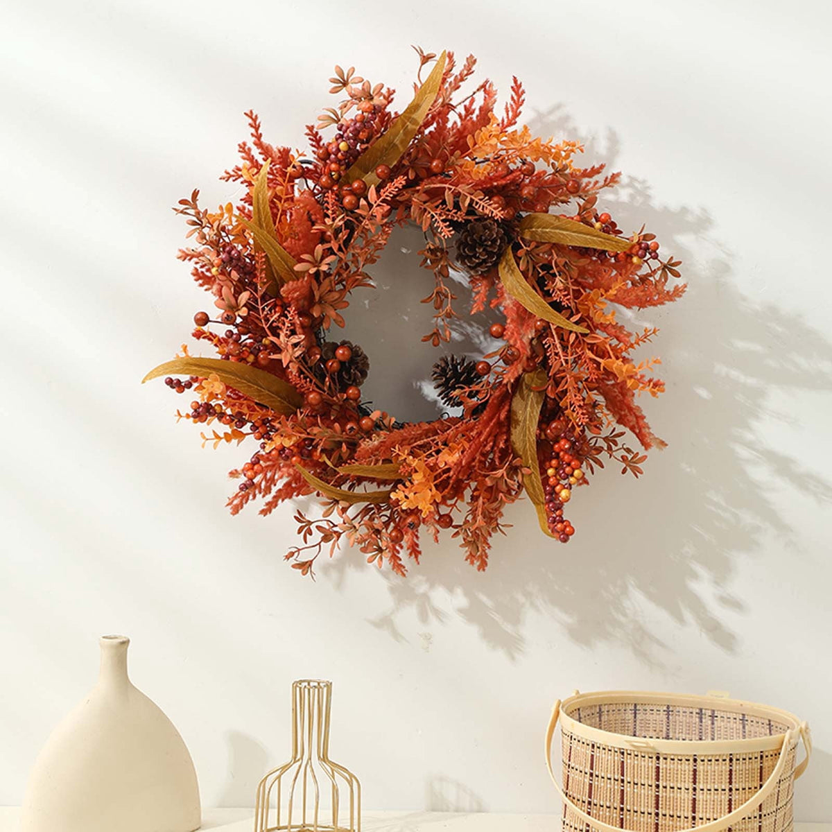 AUHomi Artificial Cedar Cypress Garland, Christmas Wreath 17.7-Inch, Front Door Wreaths, All Season Artificial Fir Wreath, Wall Hanging Wedding Window Home Porch Wreath Decoration (Yellow)