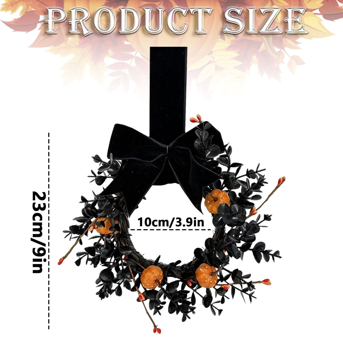 Halloween Wreath,Small Pumpkin Bow Wreaths for Front Door Kitchen Cabinet,Hanging Black Wreath for Autumn Holiday Halloween Decorations