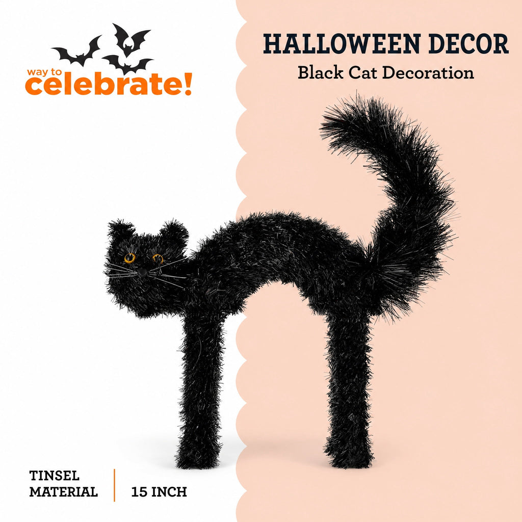 Tinsel Scaredy Cat Decoration, Black, 15", Halloween by Way To Celebrate