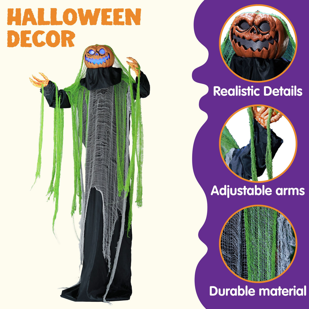 Joyfy Halloween Decorations Outdoor, 72"(6ft) Light Up Animated Scary Decorations Pumpkin Ghost with Sound Activation,Animatronics Pumpkin Decorations for Haunted House Prop Yard Decor
