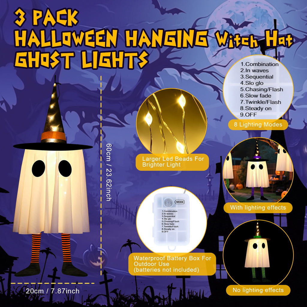 Qoosea 2 pack Hanging Ghosts Halloween Decor 4.26ft Large Glowing LED Ghost Lights Windsock Halloween Decorations Outdoor Indoor, 3 Lighting Modes