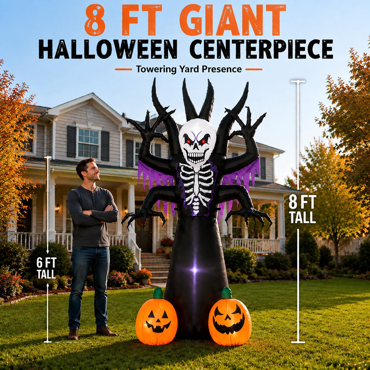 Toiyjofe 8ft Halloween Inflatable Skeleton Tree with LED Lights, Spooky Lighted Outdoor Yard Decoration with Grim Reaper & Pumpkins