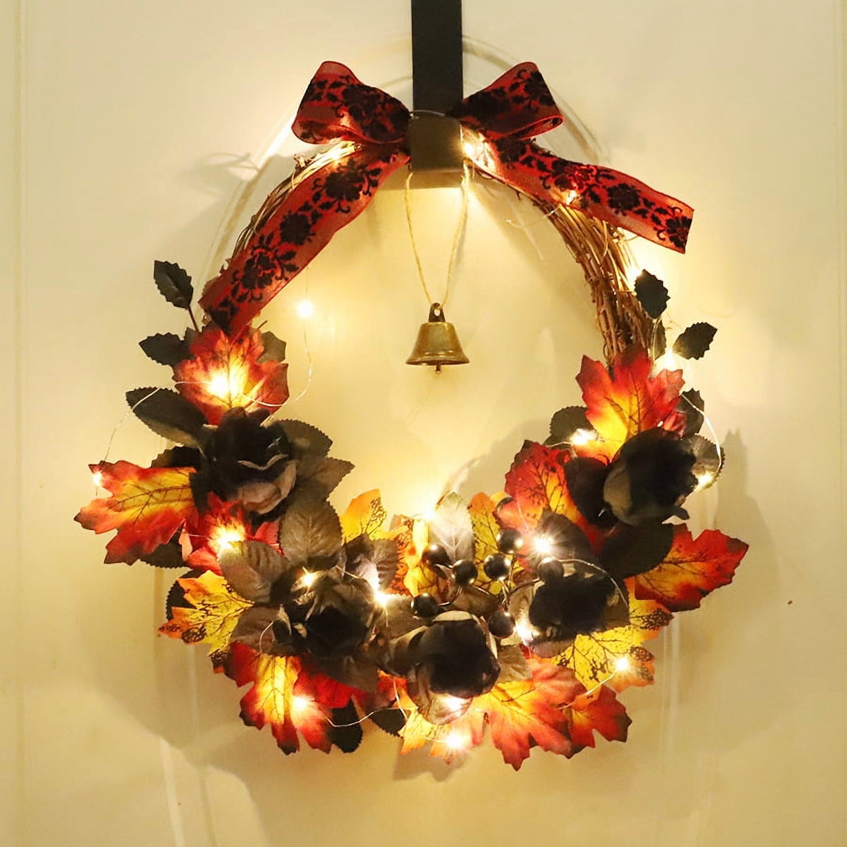 Halloween Wreaths for Front Door,16 inch Black Rose Halloween Wreaths with Lights Berry Maple Leaf Small Bell,Scary Halloween Home Decoration for Indoor,Outdoor,Wall Window,Porch,Garden,Home,Party
