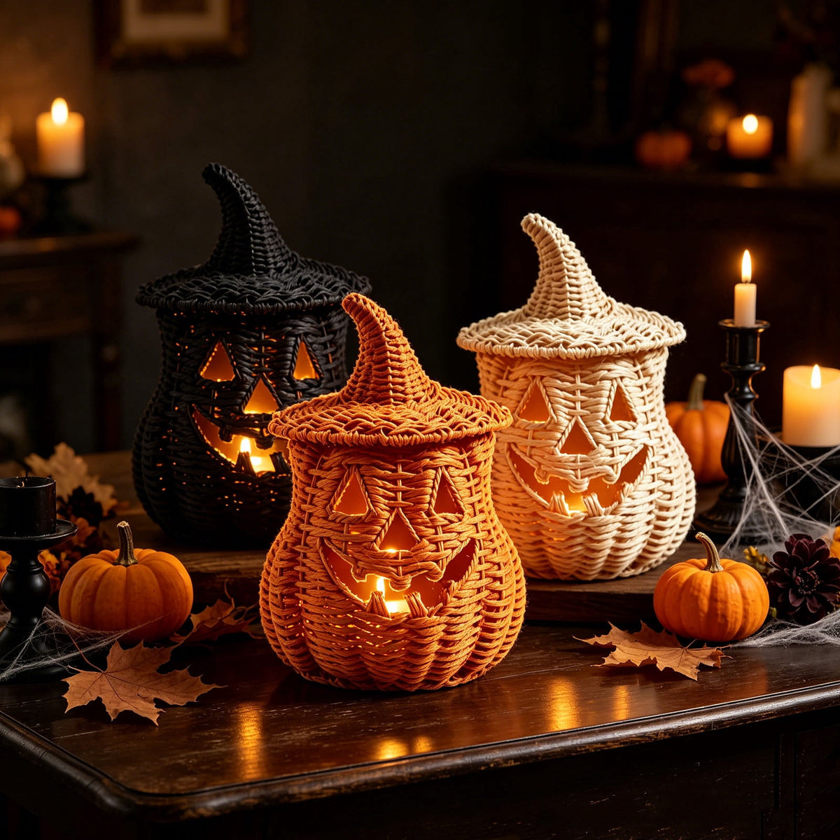 THOPBPRK 2026 Black Halloween Woven Pumpkin Jack-O'-Lantern, Halloween Decorations Pumpkin, USE LED Candle, Rattan Fall Halloween Decor for Home, 1Pack 11.8 Inch A