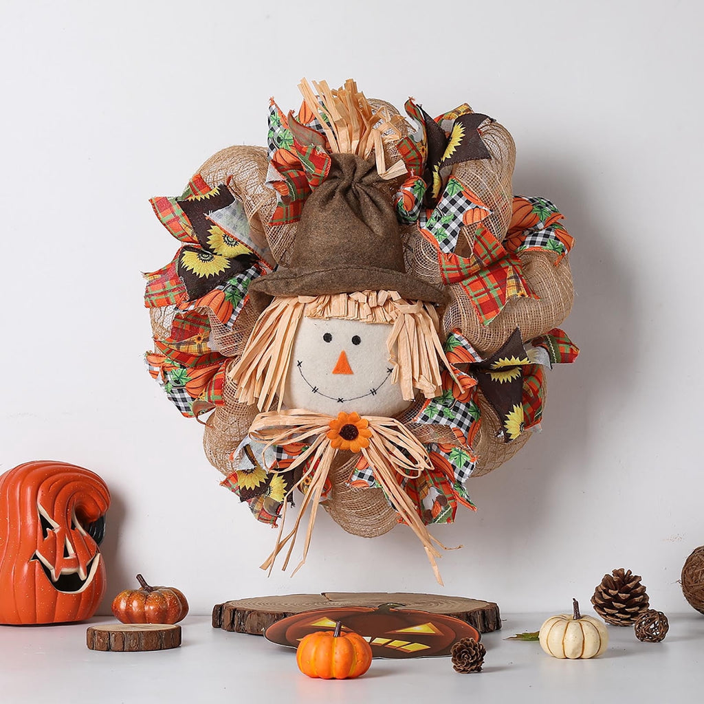sruoe 24" Wreaths for Front Door Fall Cute Scarecrow Wreath with Hat Legs Sunflower for Halloween Party Pendant, Wall Window Decor, Festival Outdoor Hanging Ornament