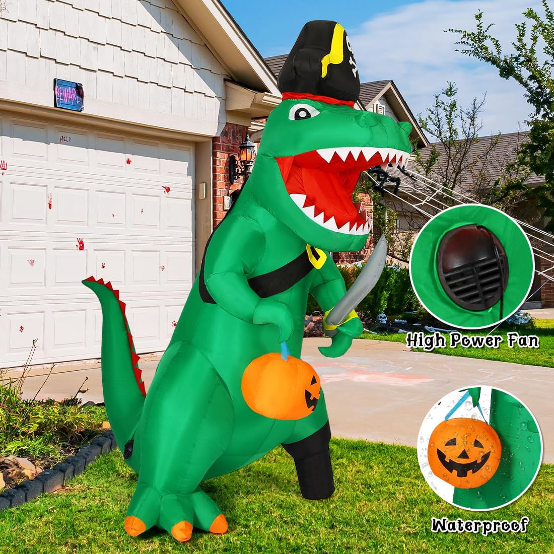 GOOSH 7FT Outdoor Halloween Decorations Halloween Dinosaur Inflatable, Halloween Inflatables Blow up Dinosaur, Green Pirate Dino Halloween Decorations Dinosaur Halloween Inflatable for Holiday/Party