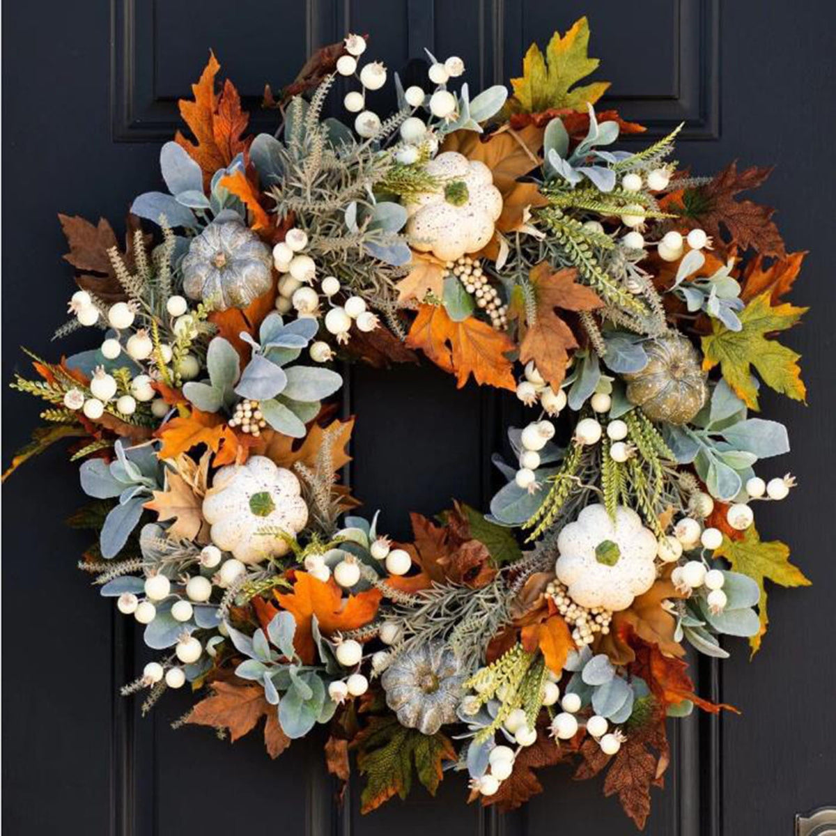 Fall Wreaths for Front Door, Rustic Autumn Artificial Wreath with Pumpkin, Rose, Berry Branchesm, Mixed Leaves, Fall Door Wreath Fall Decorations for Home Halloween Thanksgiving Indoor Outdoor Decor