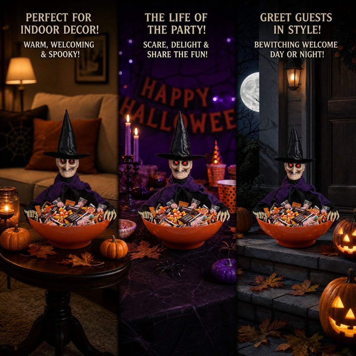 Halloween Animated Witch Candy Bowl Motion Sensor Activated Spooky Candy Holder with Glowing Red Eyes Scary Sounds for Halloween Home Decor