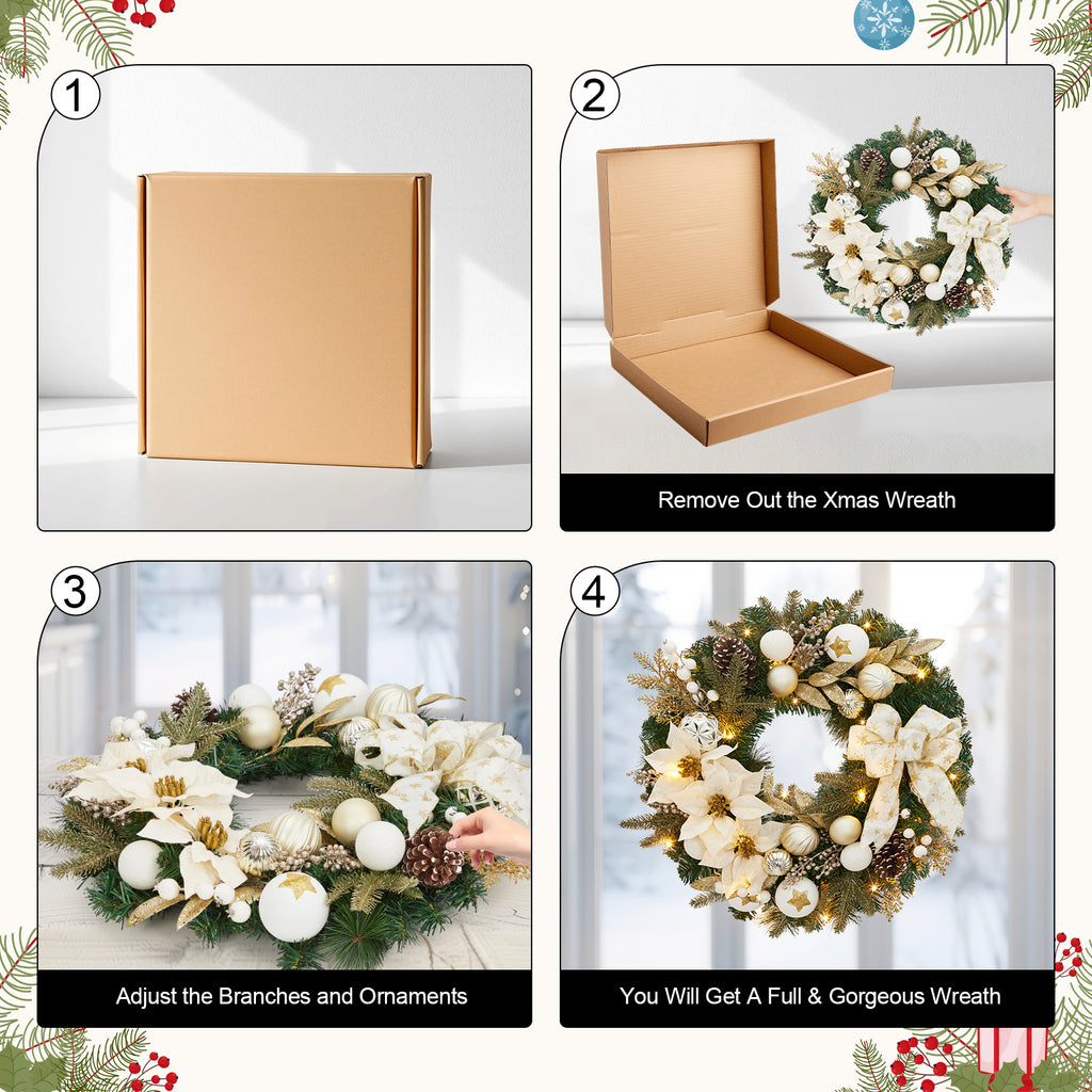 JoanKaren 24 inch Large Christmas Wreath Silver White with 20 LED Lights,Prelit Xmas Wreath w/ Ball Ornaments Pine Cone