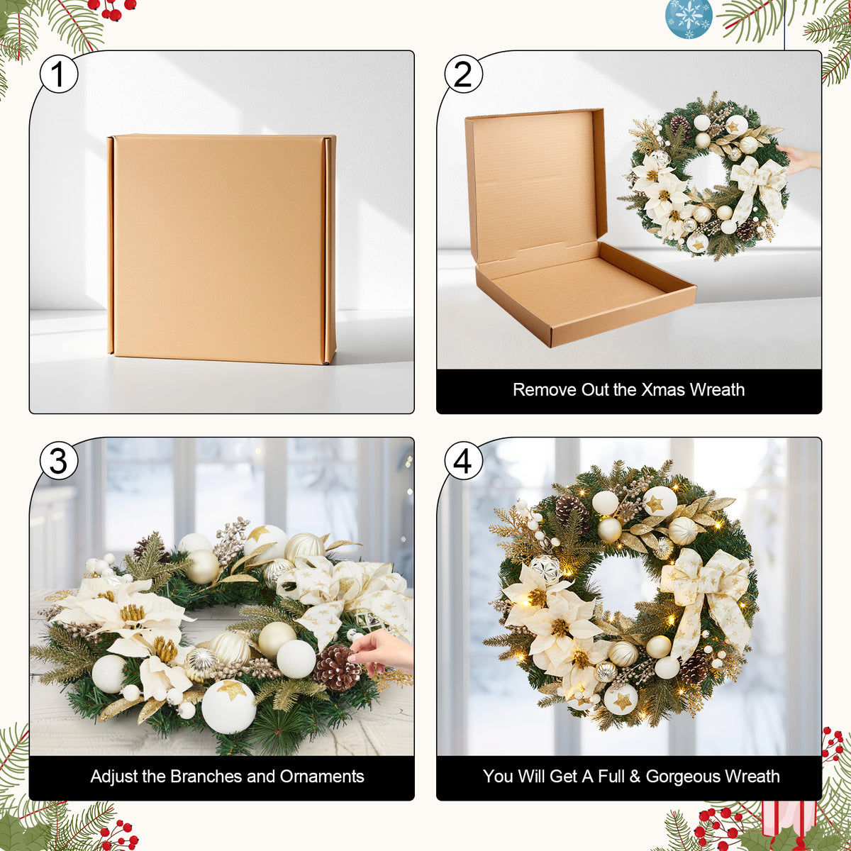 JoanKaren 24 inch Large Christmas Wreath Silver White with 20 LED Lights,Prelit Xmas Wreath w/ Ball Ornaments Pine Cone