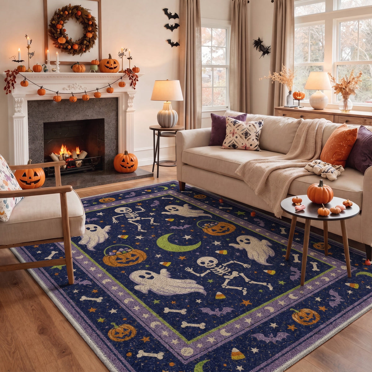 KUETH 3'x5' Halloween Machine Washable Area Rug, Non-Slip Rugs for Living Room, Bedroom and Dining Room, Orange