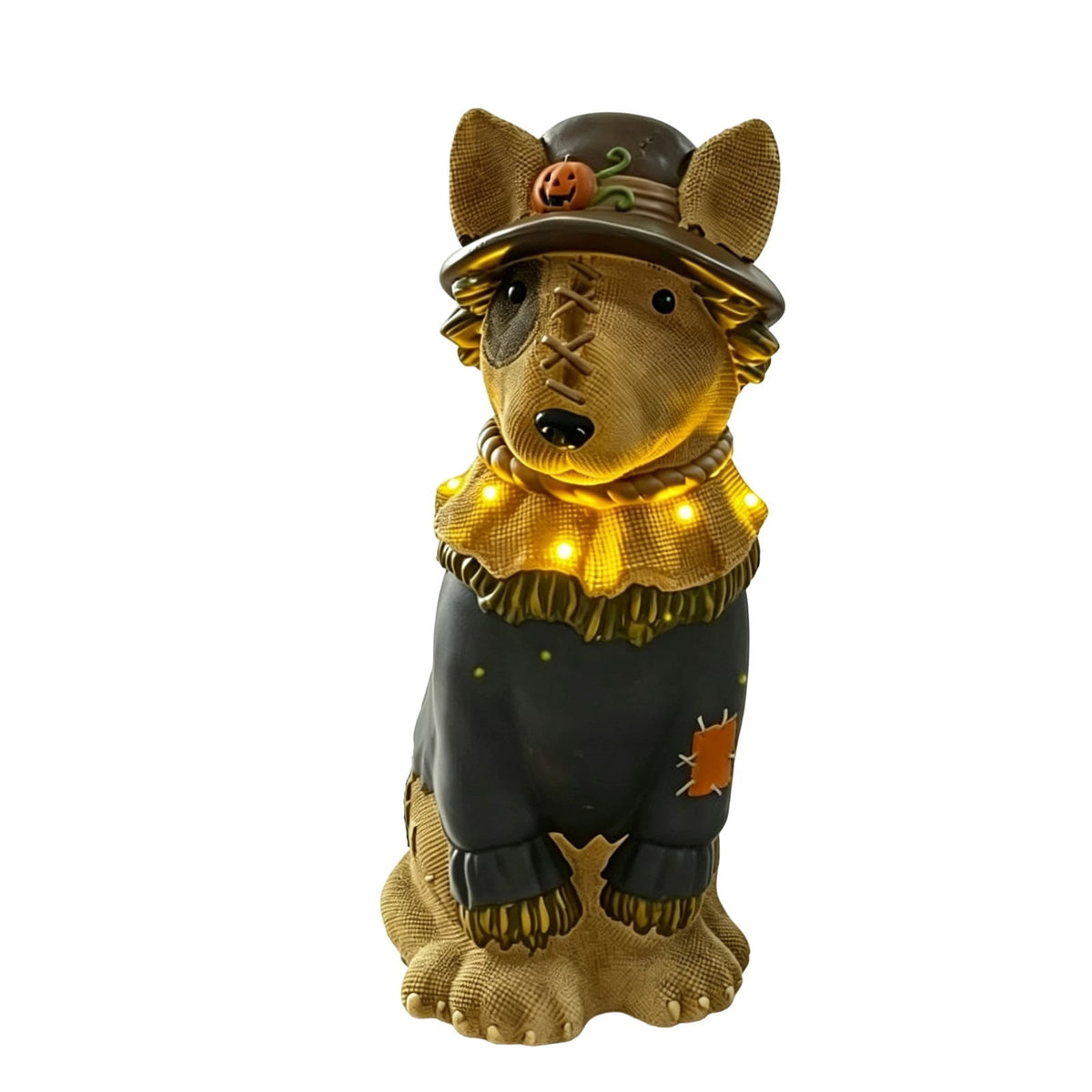 Clearance! Halloween Light‑Up Dog Figurine, 7.9in Scarecrow Dog Statue with Glowing Pumpkin, Waterproof Resin Table Yard Decor