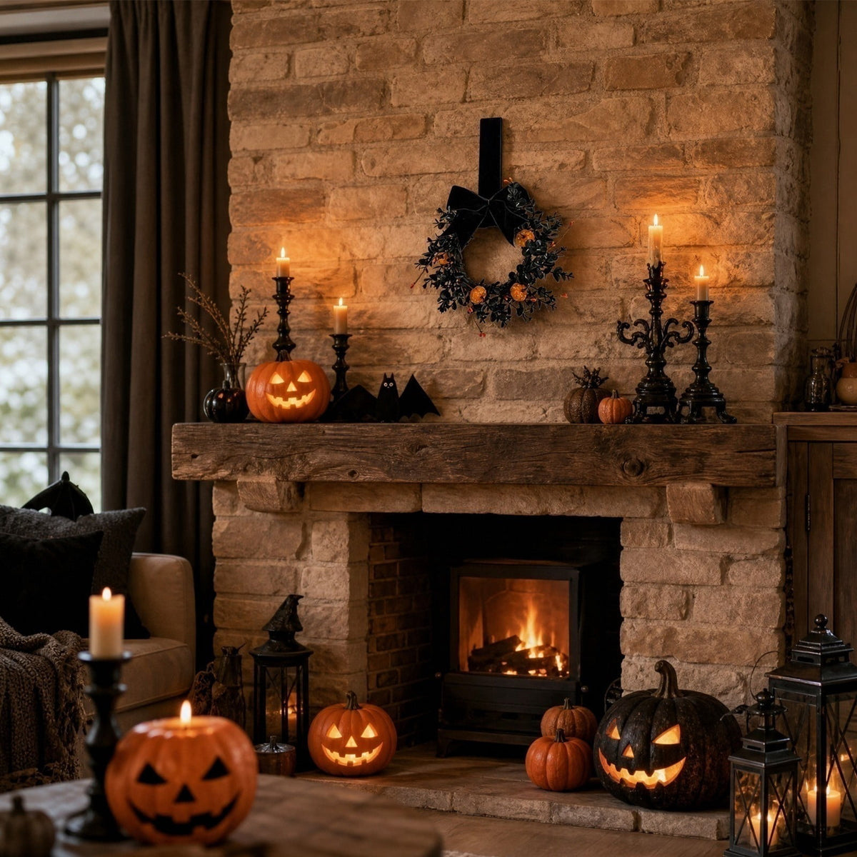 Gothic Halloween Wreath with Velvet Bow and Mini Pumpkins for Front Door Fall Decor 23 Inch