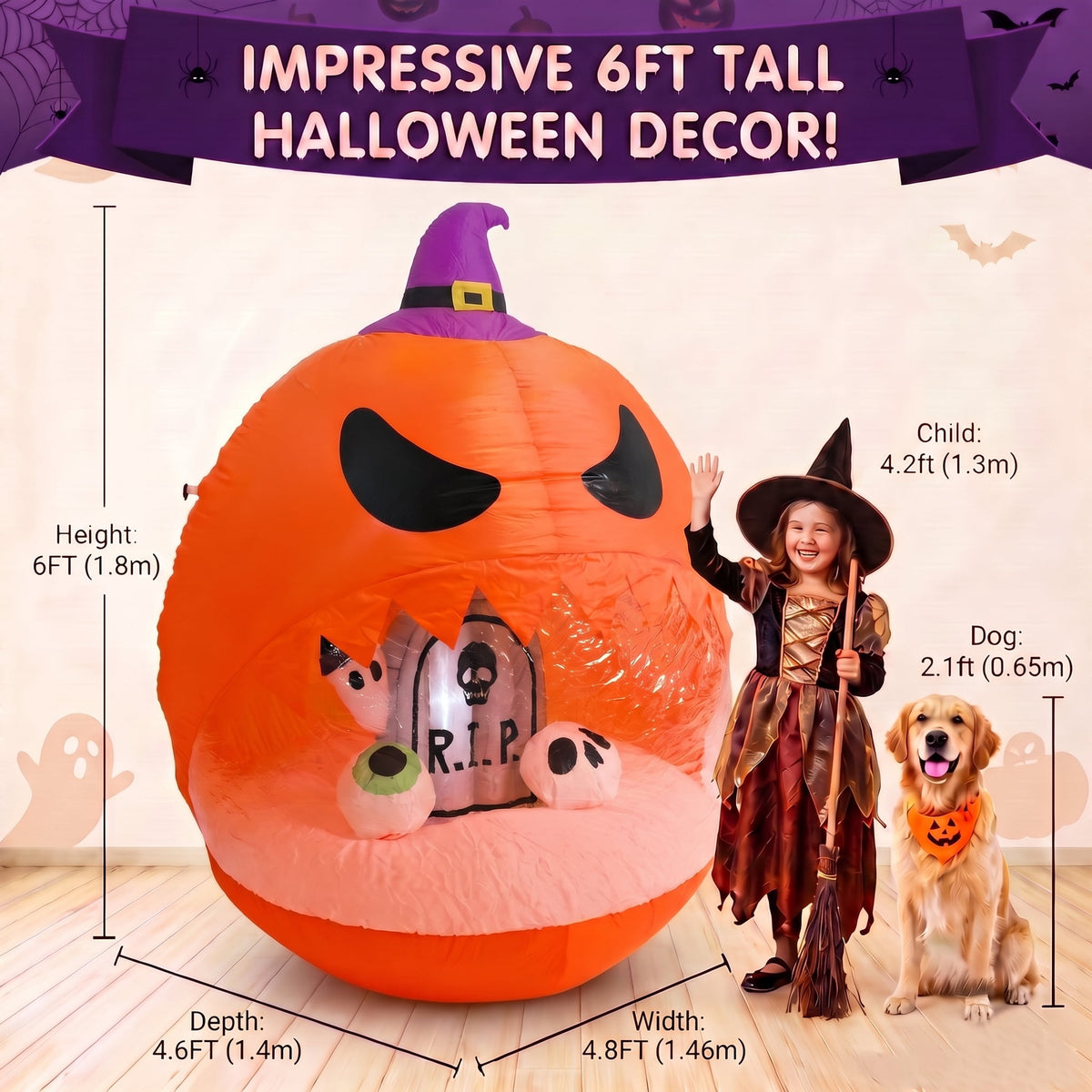 Glazina 6 FT Halloween Inflatable Pumpkin Clear Window with Ghost Tombstone, Built-In LED Lights, Outdoor Halloween Blow Up Yard Decoration