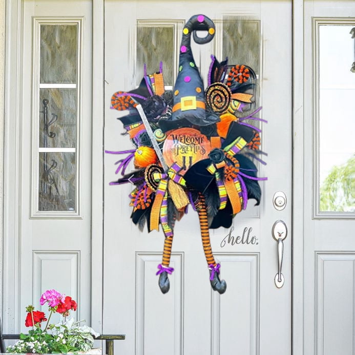 Large Halloween Witch Front Door Wreath, 23.6" Handmade Black Deco Mesh Decor Wreath