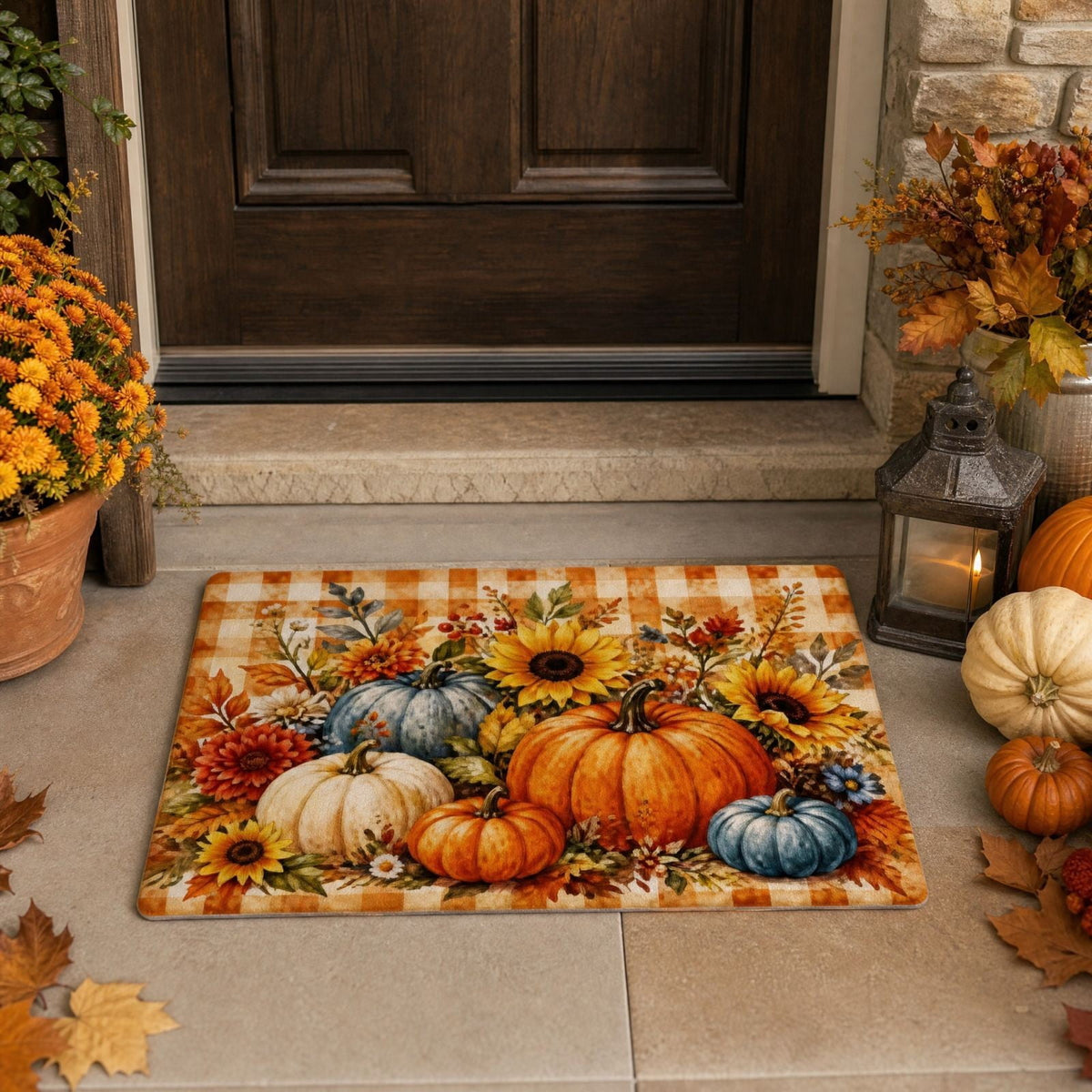 syligr Halloween Thanksgiving Doormat with Maple Leaf & Pumpkin Patterns - Non-Slip Floor Mat for Entryway, Kitchen, Porch, Fall Harvest Decor Rug with Anti-Fatigue Backing, Gift for Thanksgiving
