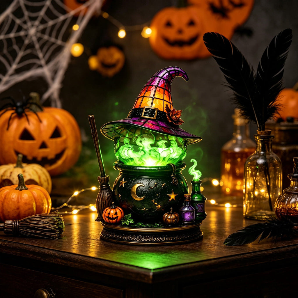 Halloween Lighted Witch Cauldron Decor Lamp, Stained Glass Witch Hat Magic Pot Night Light with Pumpkin & Potion Bottle Details, Spooky Vintage Tabletop Ornament for Mantel Living Room Party
