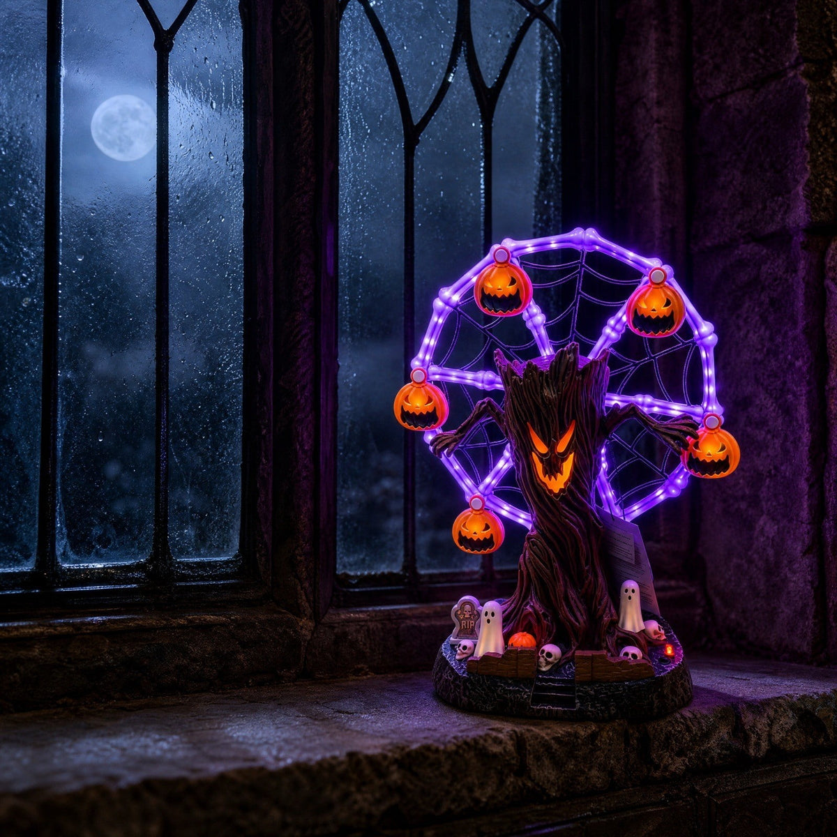 Hanging Solar Lights, Garden, Animated Halloween Ferris Wheel Tabletop Decor with Purple LED, Moving Skeleton Cauldrons, Spooky Tree Centerpiece for Party