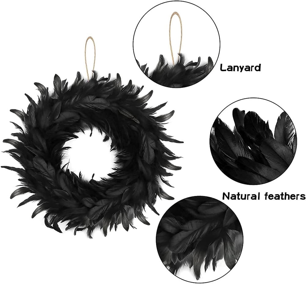 16" Black Feather Wreath Halloween Wreath Handmade Black Wreath for Front Door Porch Mantel Fireplace Window Wall Indoor Outdoor Halloween Christmas Winter Birthday Decoration