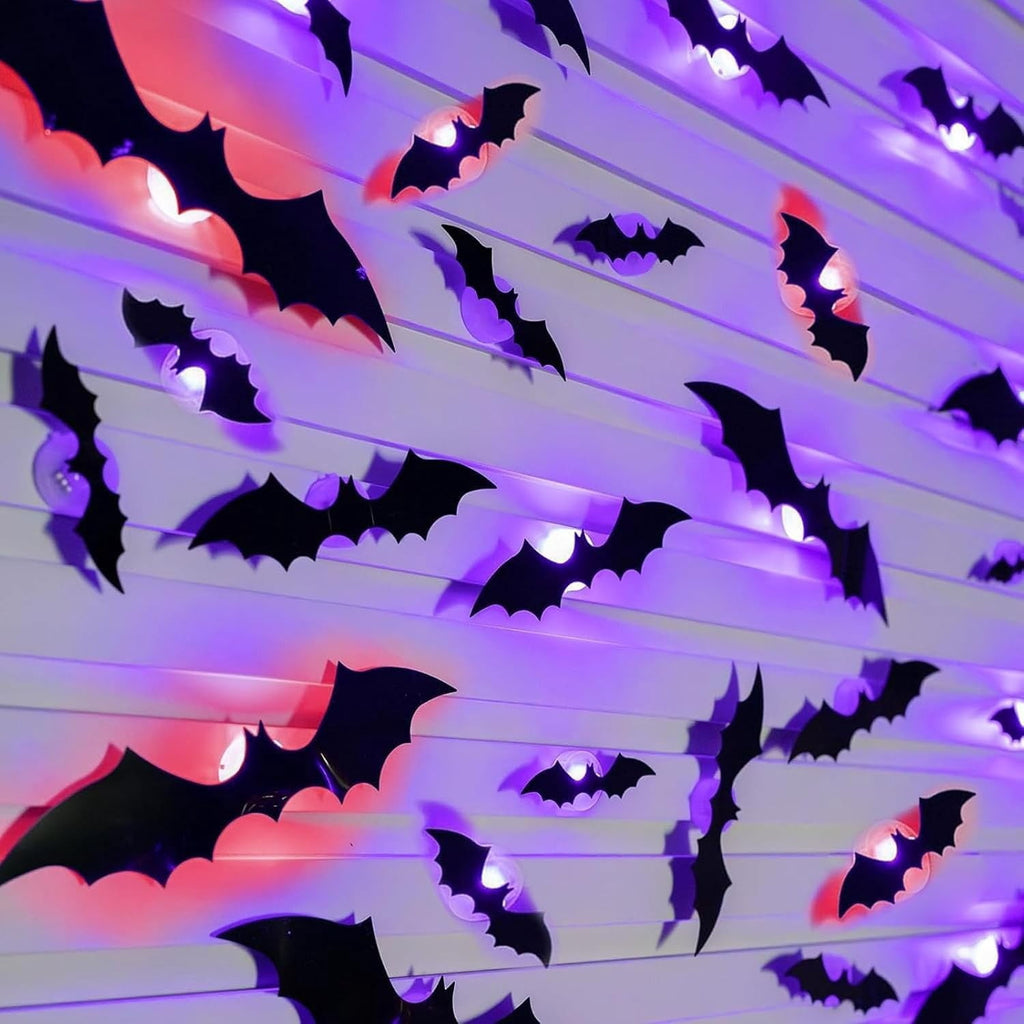 CQHVKQ 36 PCS Halloween Bats Decorations, Realistic 3D LED Bats Wall Stickers Decor, Assorted Size Removable Lighted PVC Bats DIY Wall Sticker for Halloween Party, Bedroom, Home, Indoor and Outdoor