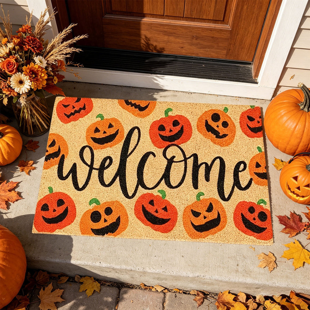 Fllostpr Halloween Pumpkin & Crow Welcome Doormat for Front Door, Non-Slip Vintage Brown Coir Floor Mat for Outdoor Porch Entryway Decor,16x24 Inch
