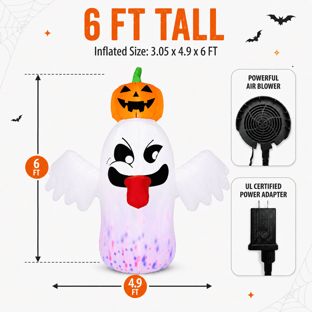 BEEPRINCESS 6 FT Halloween Inflatable Ghost with Pumpkin Head, Light-Up RGB LED Blow Up Yard Decoration