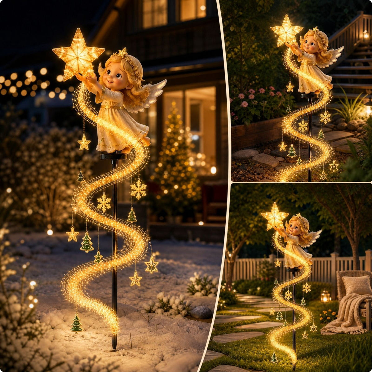 Luckky Christmas Bell Cascade Solar Yard Light,Solar Powered Flowing Star Bell Stake Light,Warm Yellow Outdoor Holiday Decor for Christmas Yard Decor（1 Pack）